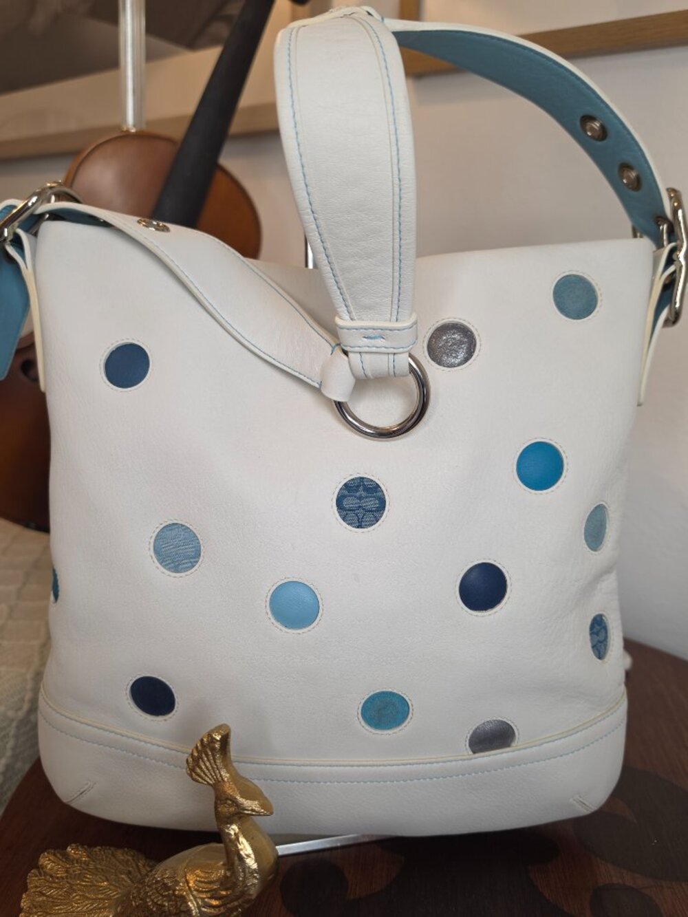 Vintage Coach F10651 Polka Dot Leather Duffle Bag |  Blue White | Y2K